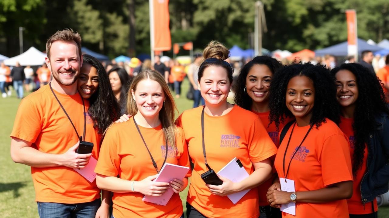 Festival volunteers in orange shirts